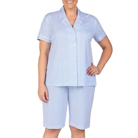 Lauren Ralph Lauren Women's Sz XL 2-Pc Striped Bingham Bermuda Cotton Pajama Set - Picture 7 of 9